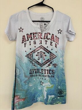 American Fighter White & Aqua Marbled Graphic Tee
